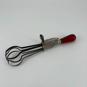 VTG Egg Beater Whisk Stainless Steel Wooden Red Handle Cottagecore Egg Beater